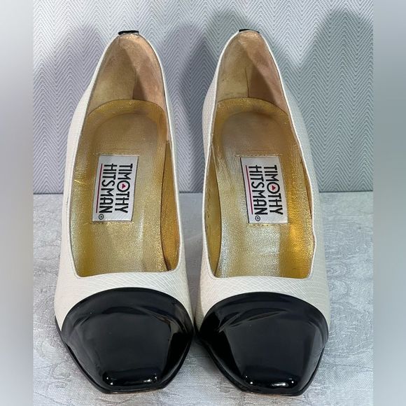 Timothy Hitsman Cream Textured Shoes Gold Studded Heels Patent Leather Toes 7.5N - Picture 2 of 12